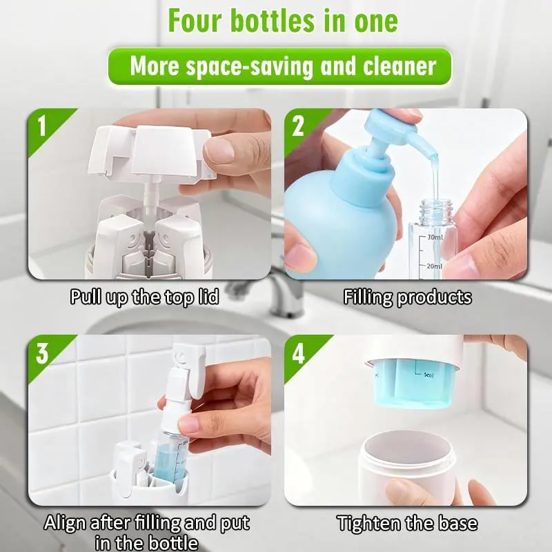 🧴✨ 4-in-1 Portable Travel Dispenser Bottle – Compact Cosmetic & Shampoo Storage
