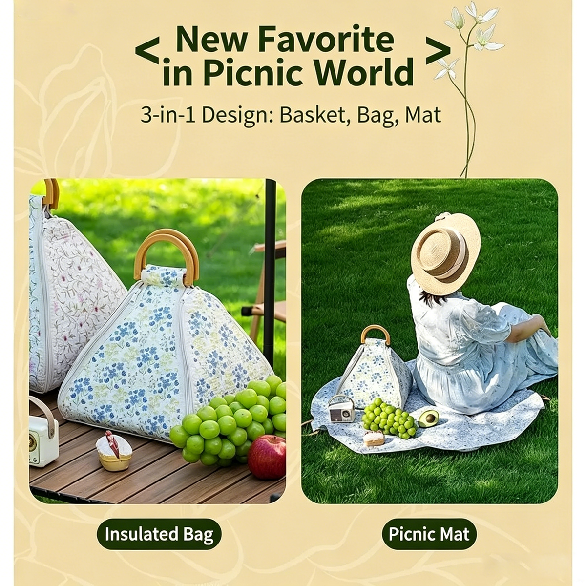 🧺 All-in-One Picnic Bag: Insulated Cooler + Detachable Waterproof Blanket💧