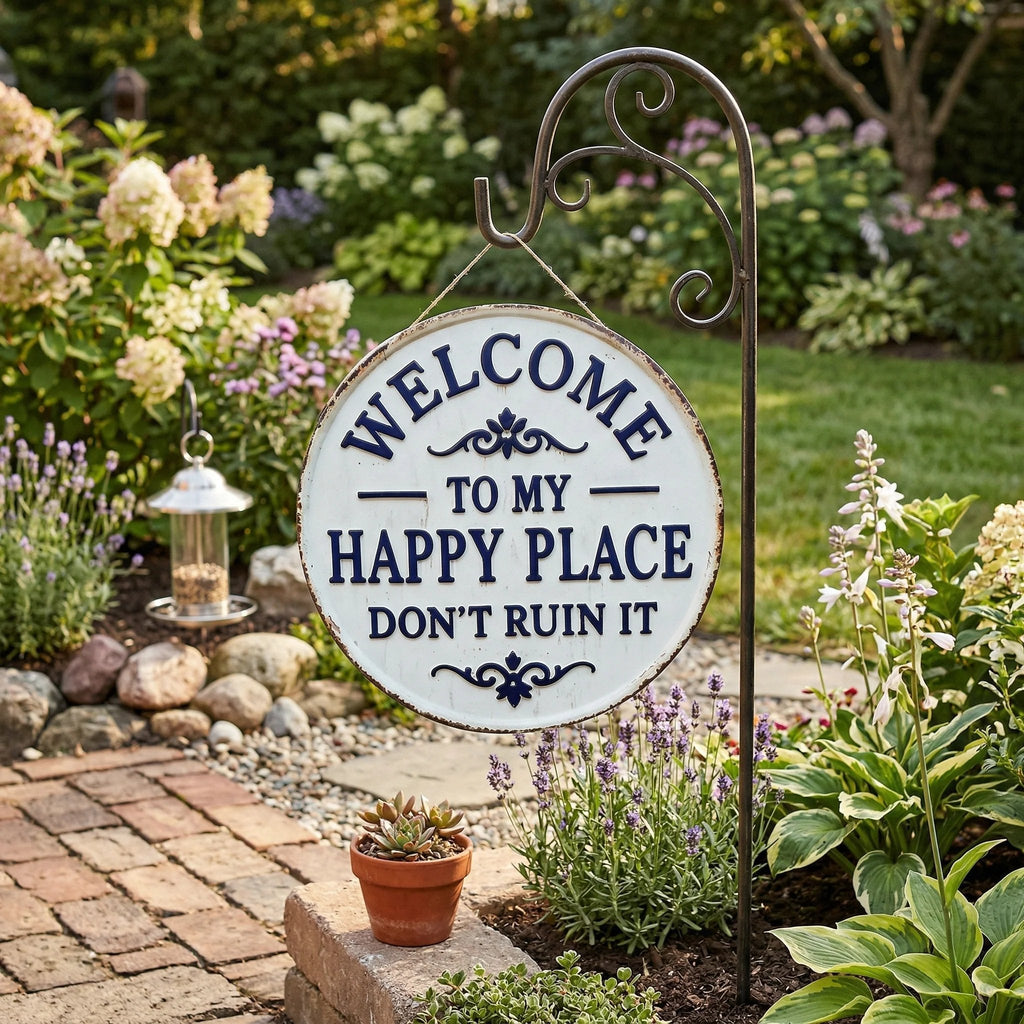The "Happy Place" Boundary Sign – Funny Vintage Metal Wall Art , "Don’t Ruin It" Garden Decor ✨🏡
