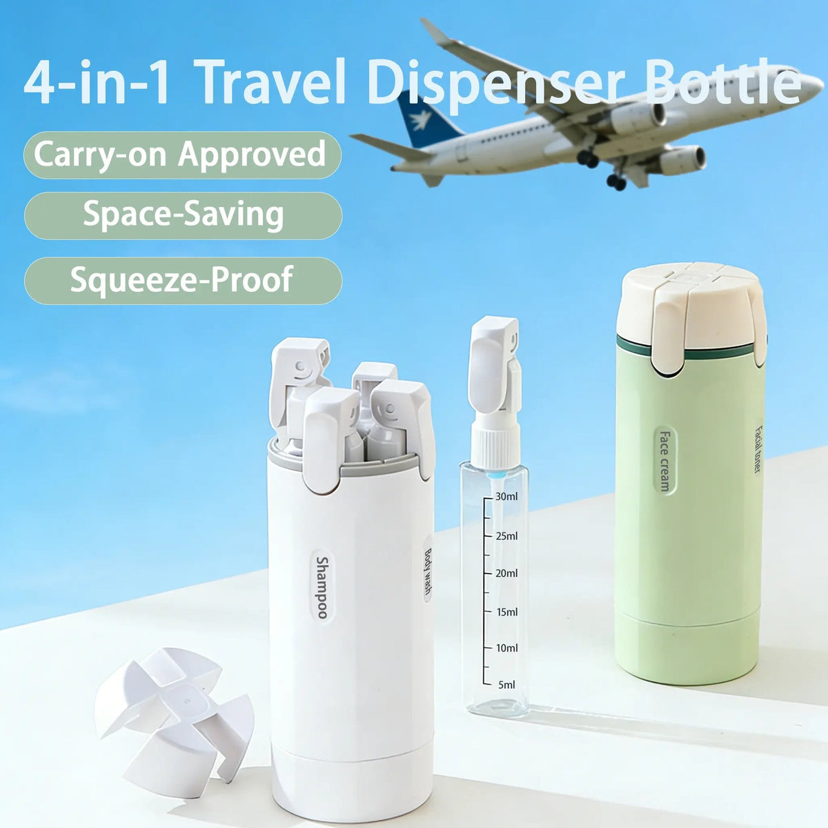 🧴✨ 4-in-1 Portable Travel Dispenser Bottle – Compact Cosmetic & Shampoo Storage