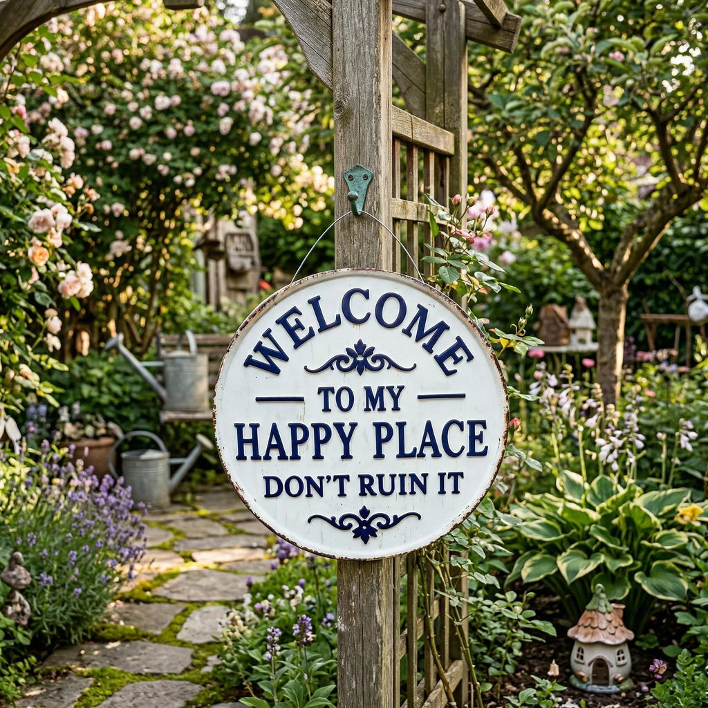 The "Happy Place" Boundary Sign – Funny Vintage Metal Wall Art , "Don’t Ruin It" Garden Decor ✨🏡