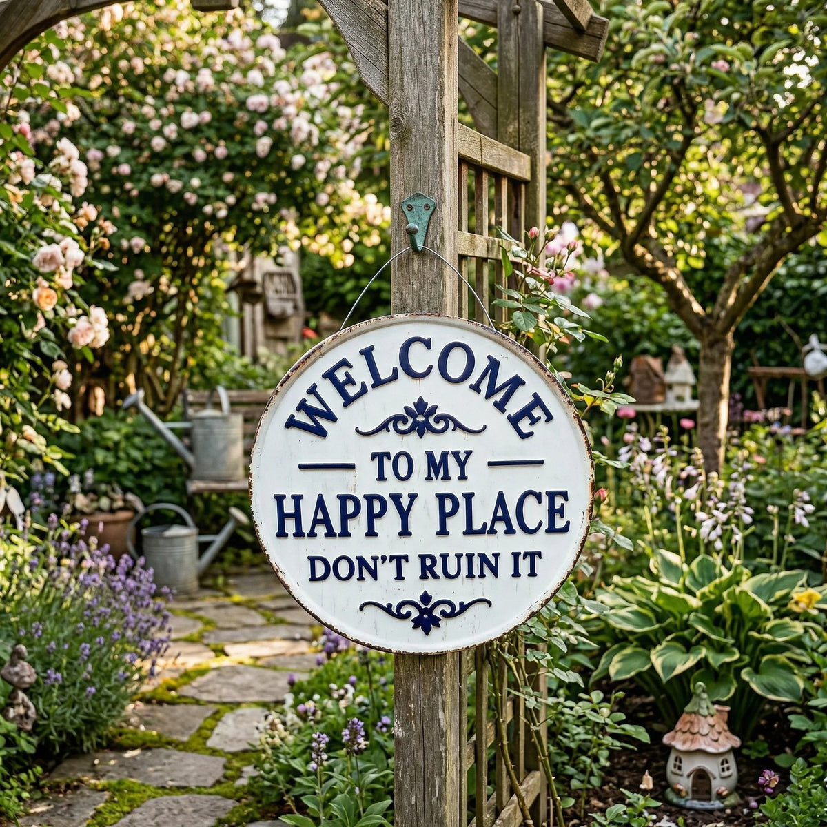The "Happy Place" Boundary Sign – Funny Vintage Metal Wall Art , "Don’t Ruin It" Garden Decor ✨🏡