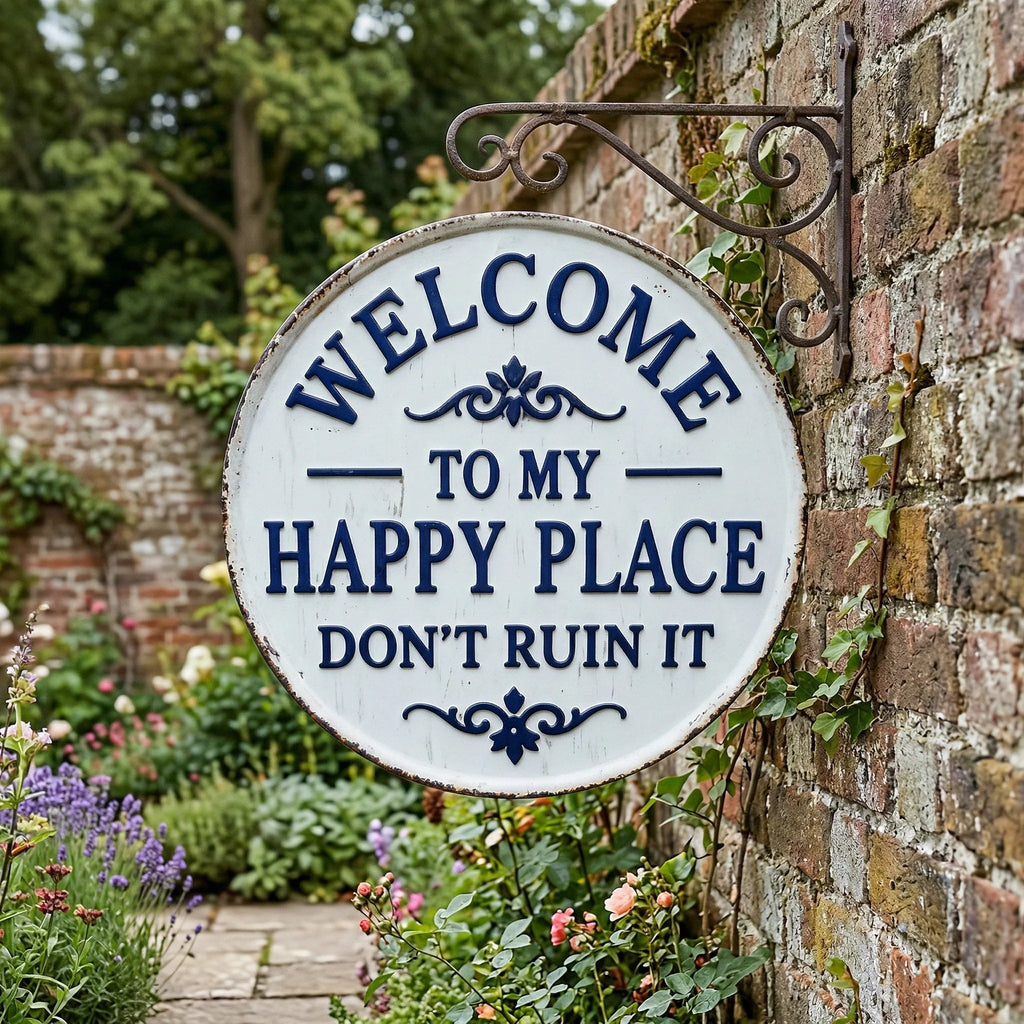 The "Happy Place" Boundary Sign – Funny Vintage Metal Wall Art , "Don’t Ruin It" Garden Decor ✨🏡