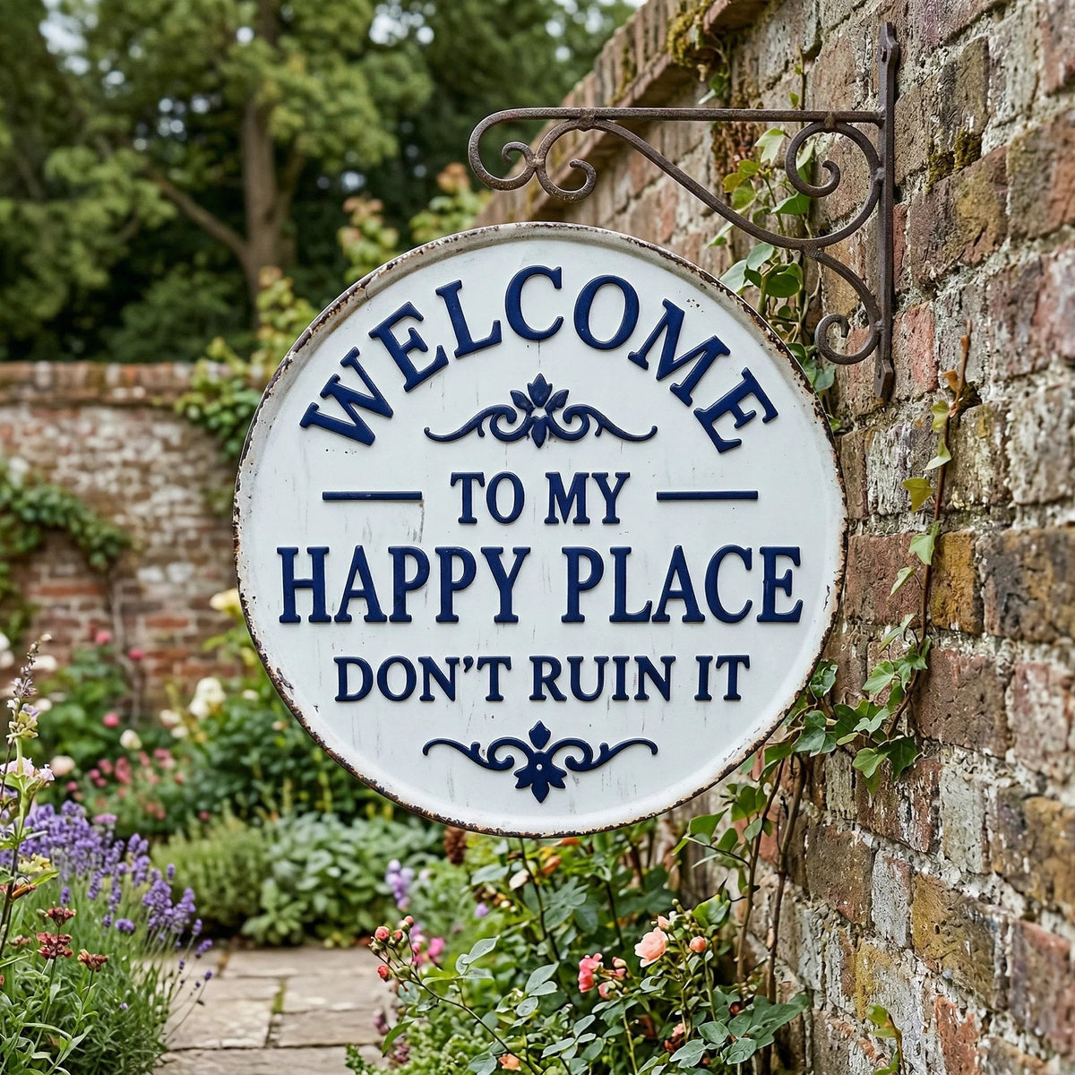 The "Happy Place" Boundary Sign – Funny Vintage Metal Wall Art , "Don’t Ruin It" Garden Decor ✨🏡