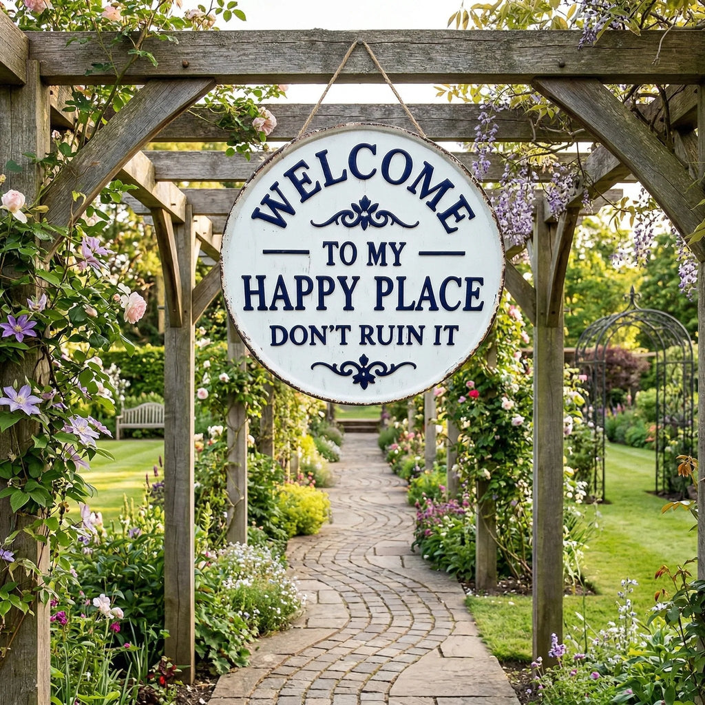 The "Happy Place" Boundary Sign – Funny Vintage Metal Wall Art , "Don’t Ruin It" Garden Decor ✨🏡