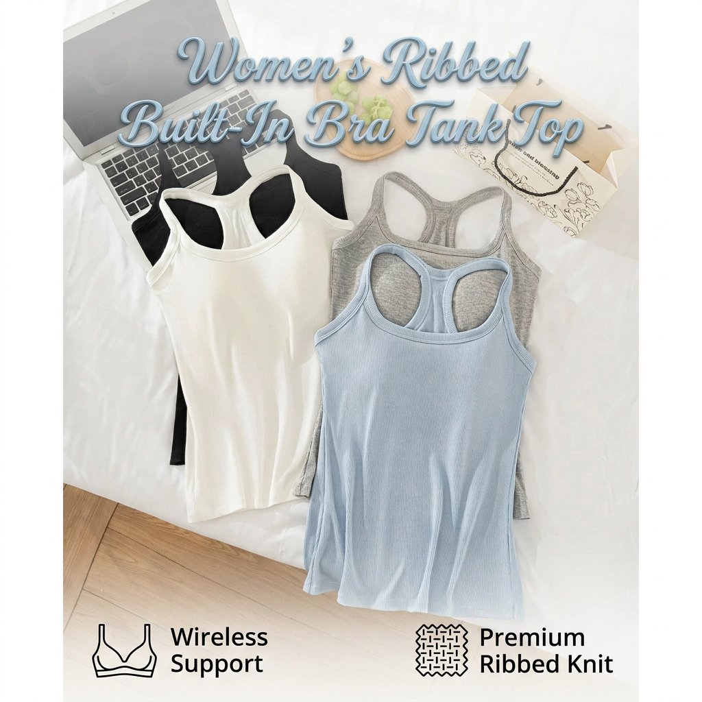 🔥Last Day 45% OFF-🧘‍♀️ Women's Ribbed Built-In Bra Tank Top