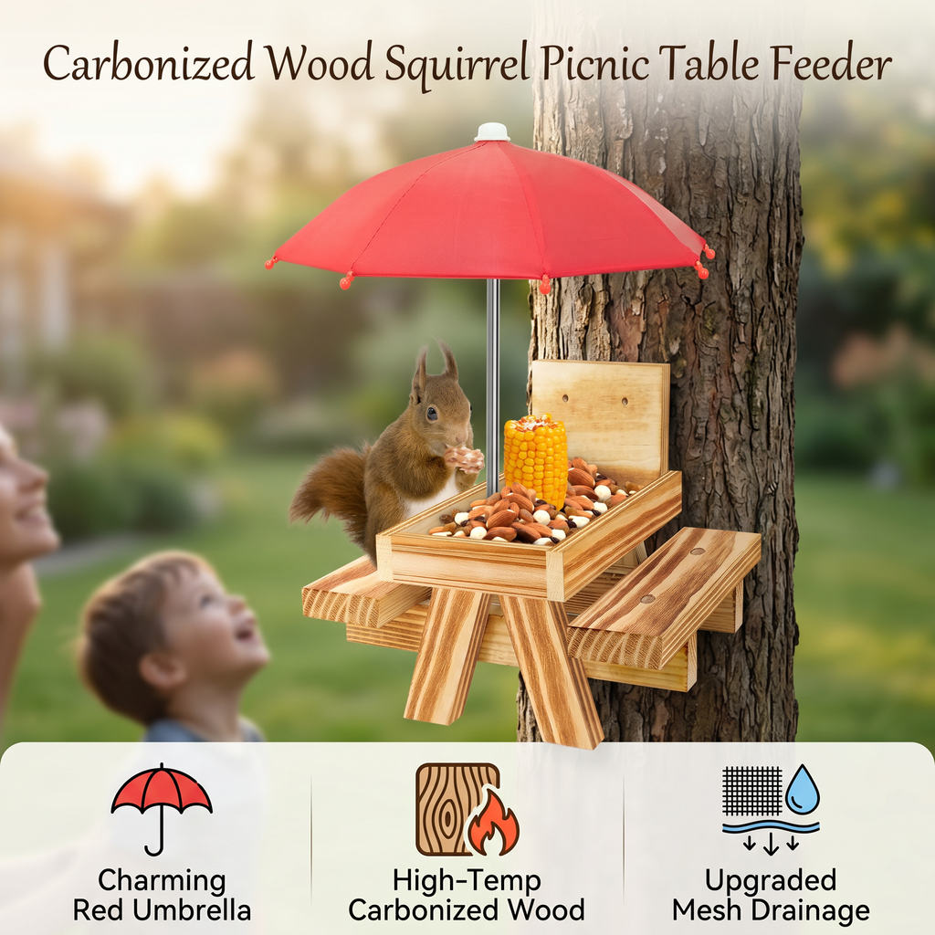 Carbonized Wood Squirrel Picnic Table Feeder