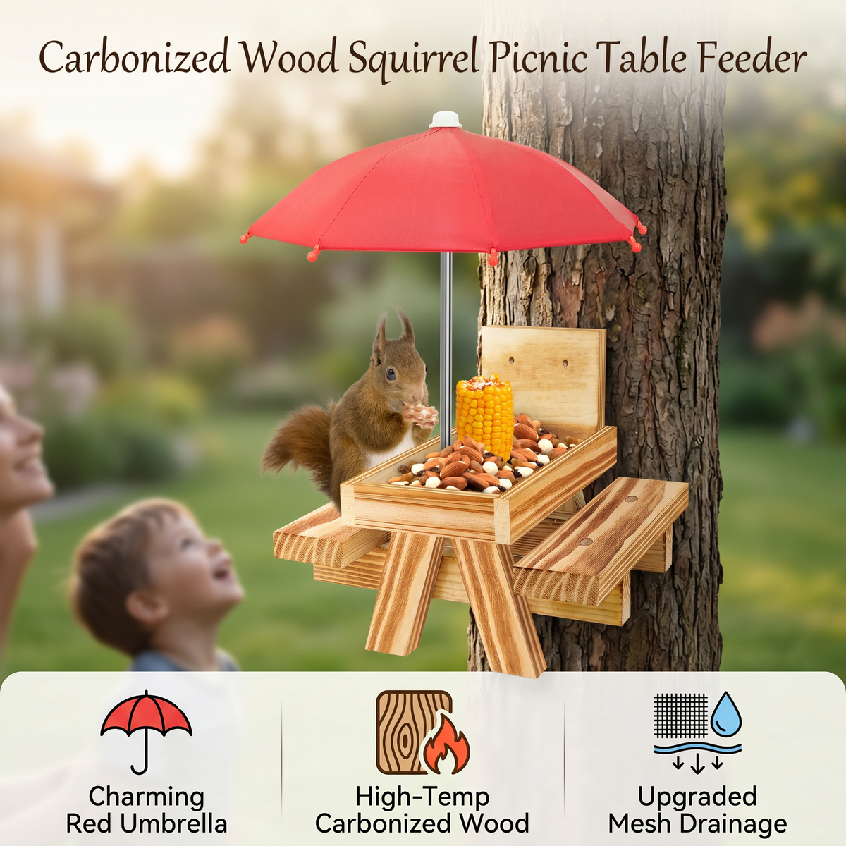 Carbonized Wood Squirrel Picnic Table Feeder