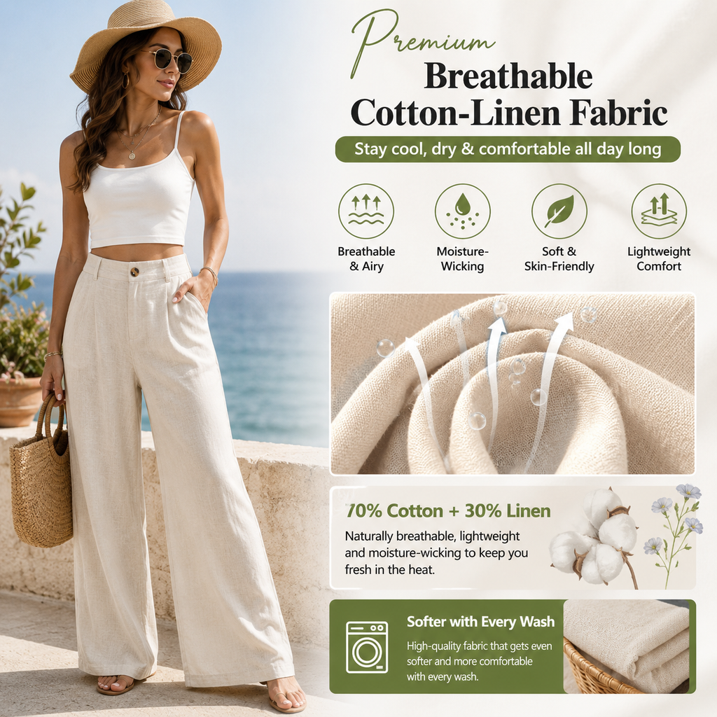 Women's High-Waisted Cotton Linen Wide-Leg Pants 🌿🎐