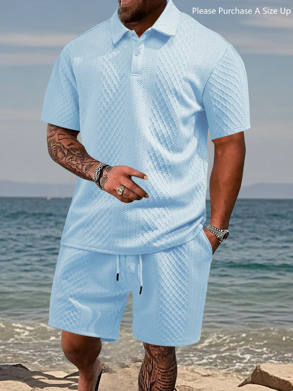 Men's Solid Polo Shirt & Drawstring Shorts Two-Piece Set