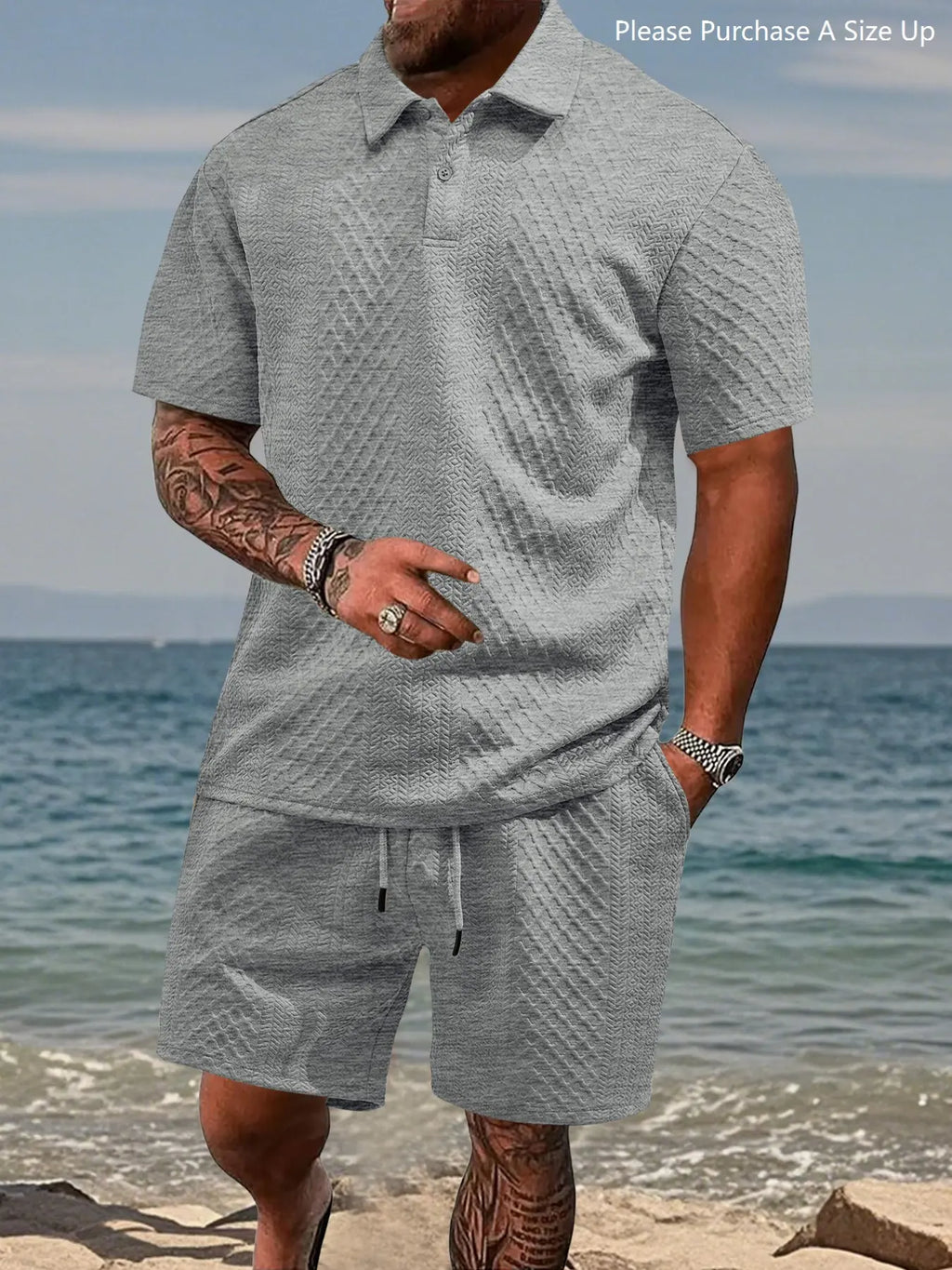 Men's Solid Polo Shirt & Drawstring Shorts Two-Piece Set