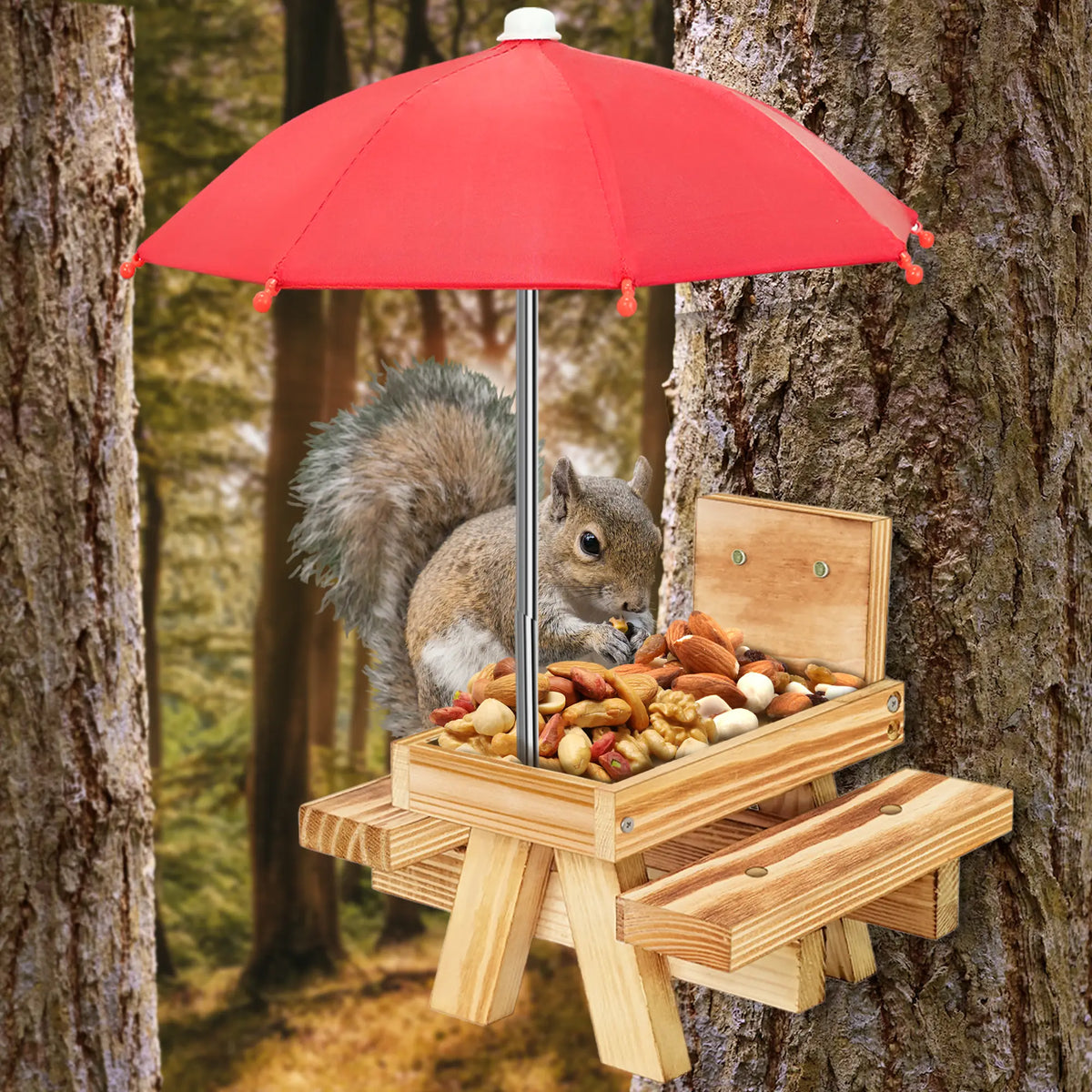 Carbonized Wood Squirrel Picnic Table Feeder