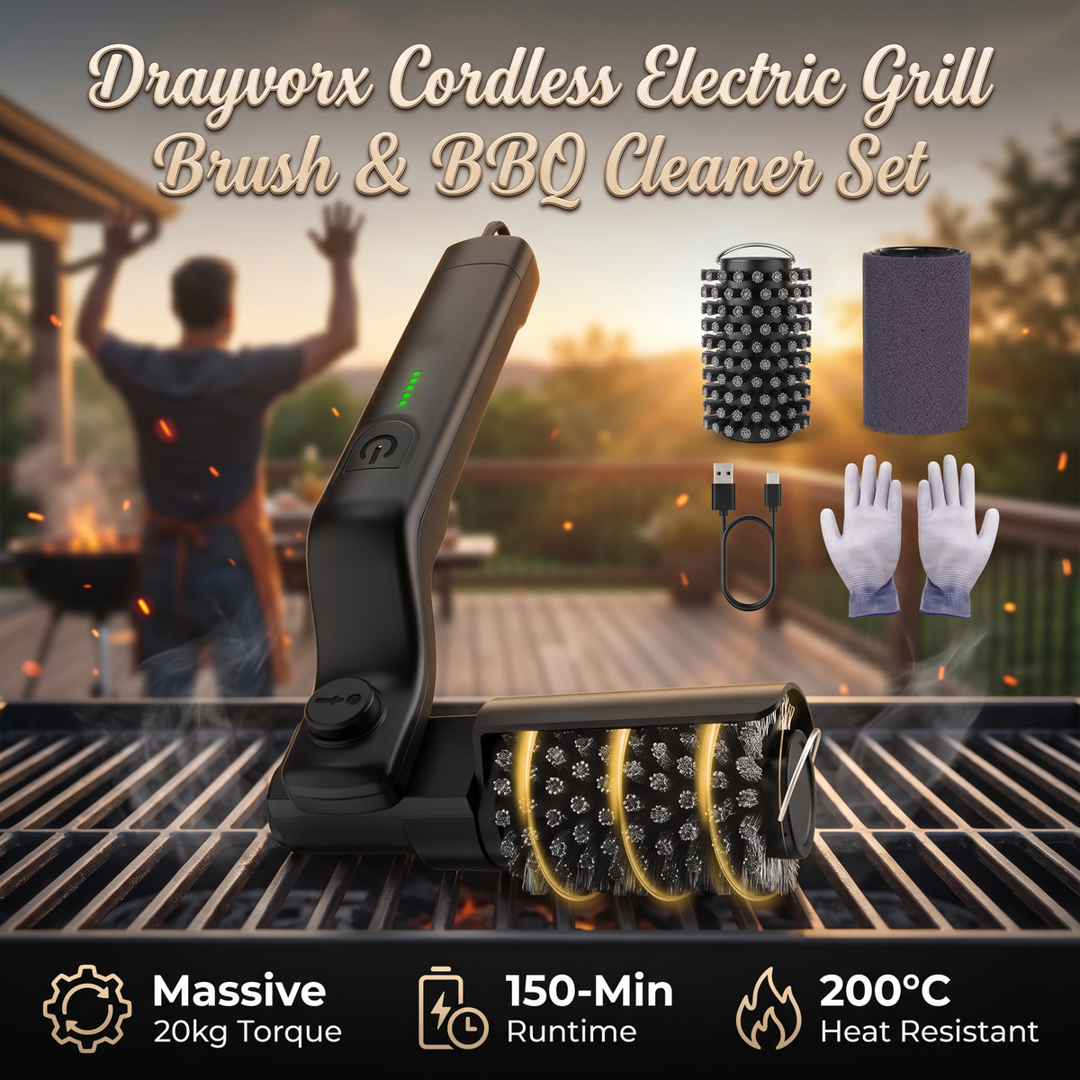Drayvorx Cordless Electric Grill Brush & BBQ Cleaner Set
