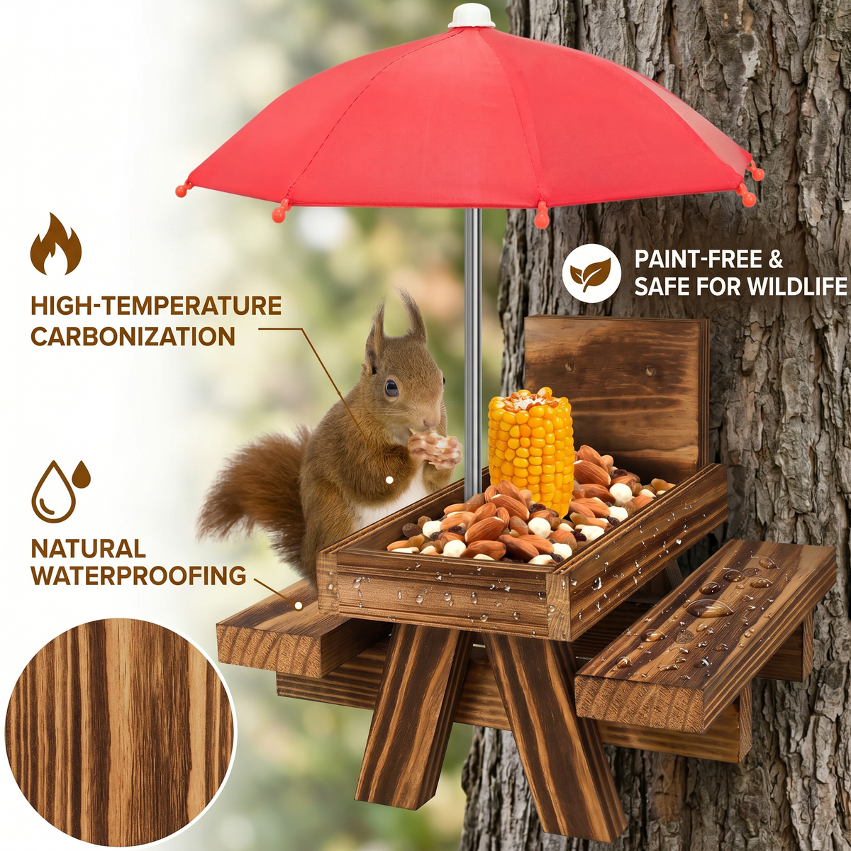 Carbonized Wood Squirrel Picnic Table Feeder