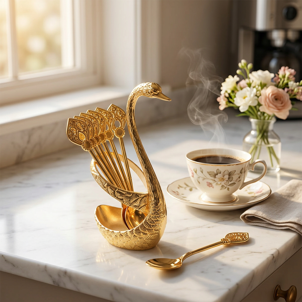6-Piece Stainless Steel Coffee Spoons & Swan Base Set