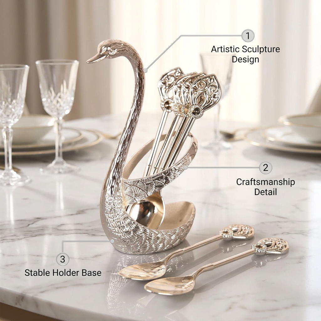6-Piece Stainless Steel Coffee Spoons & Swan Base Set