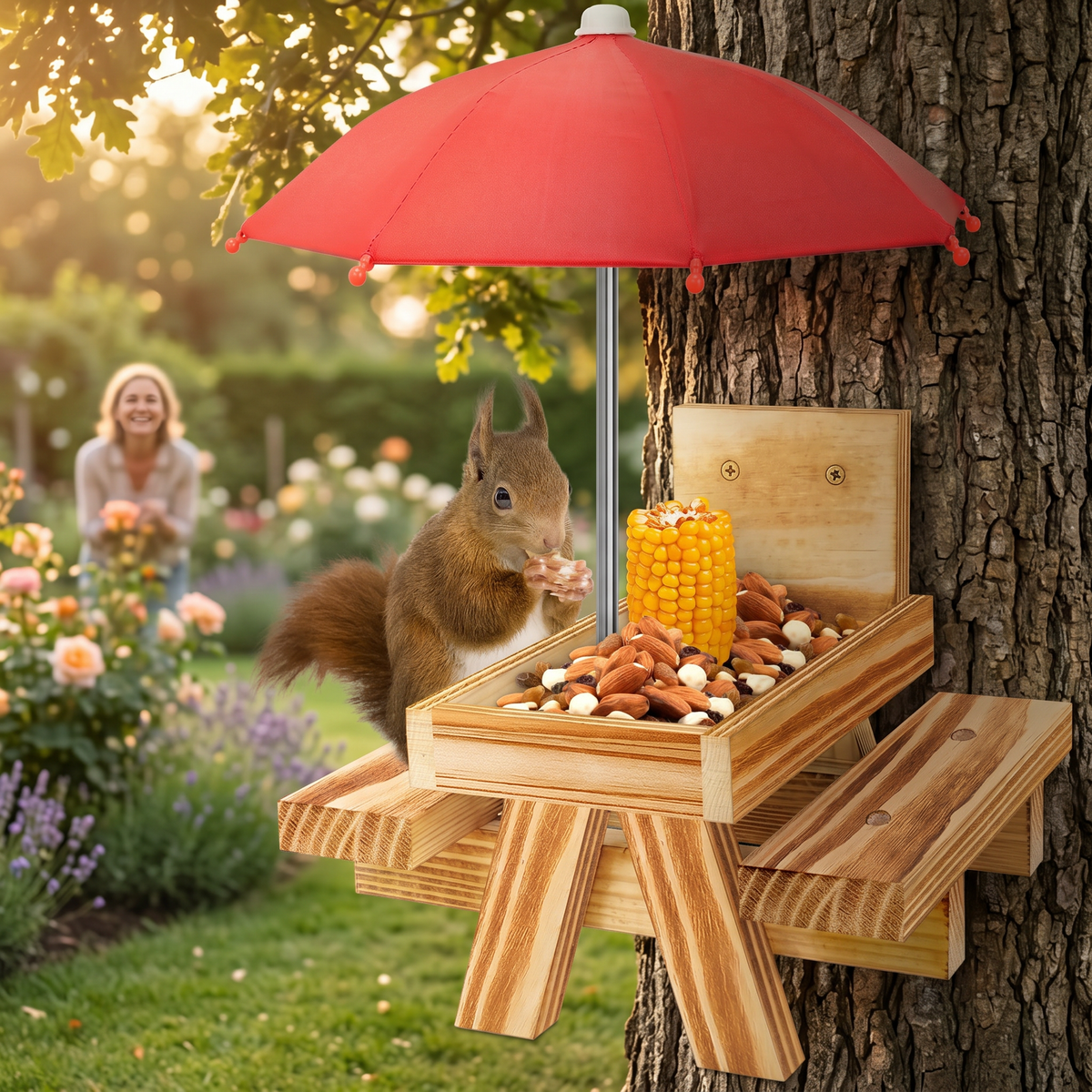 Carbonized Wood Squirrel Picnic Table Feeder