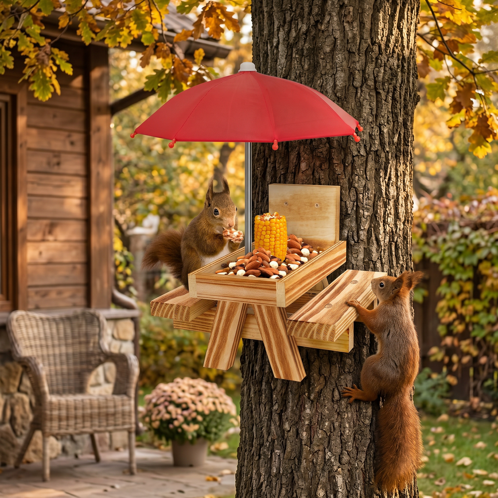 Carbonized Wood Squirrel Picnic Table Feeder