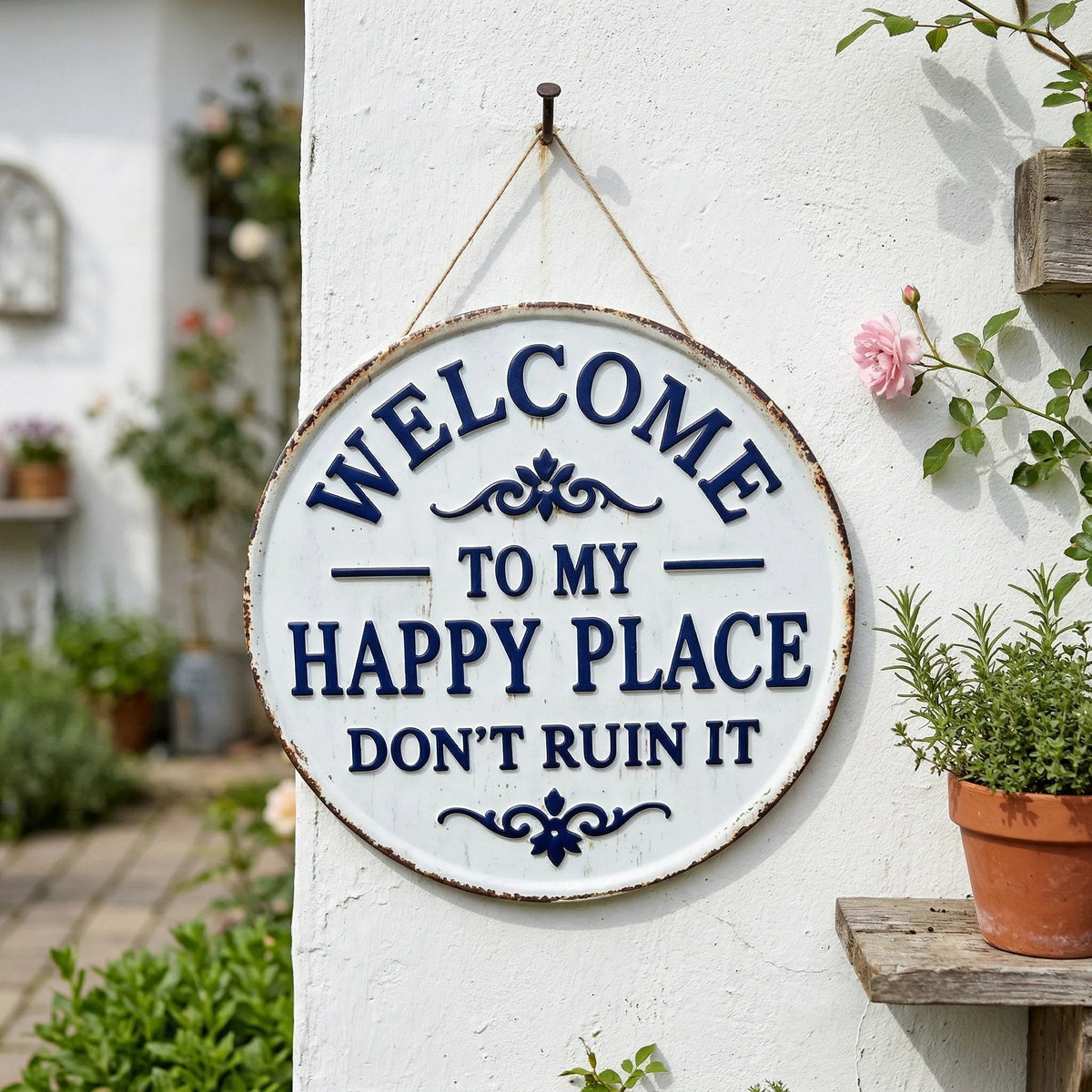 The "Happy Place" Boundary Sign – Funny Vintage Metal Wall Art , "Don’t Ruin It" Garden Decor ✨🏡