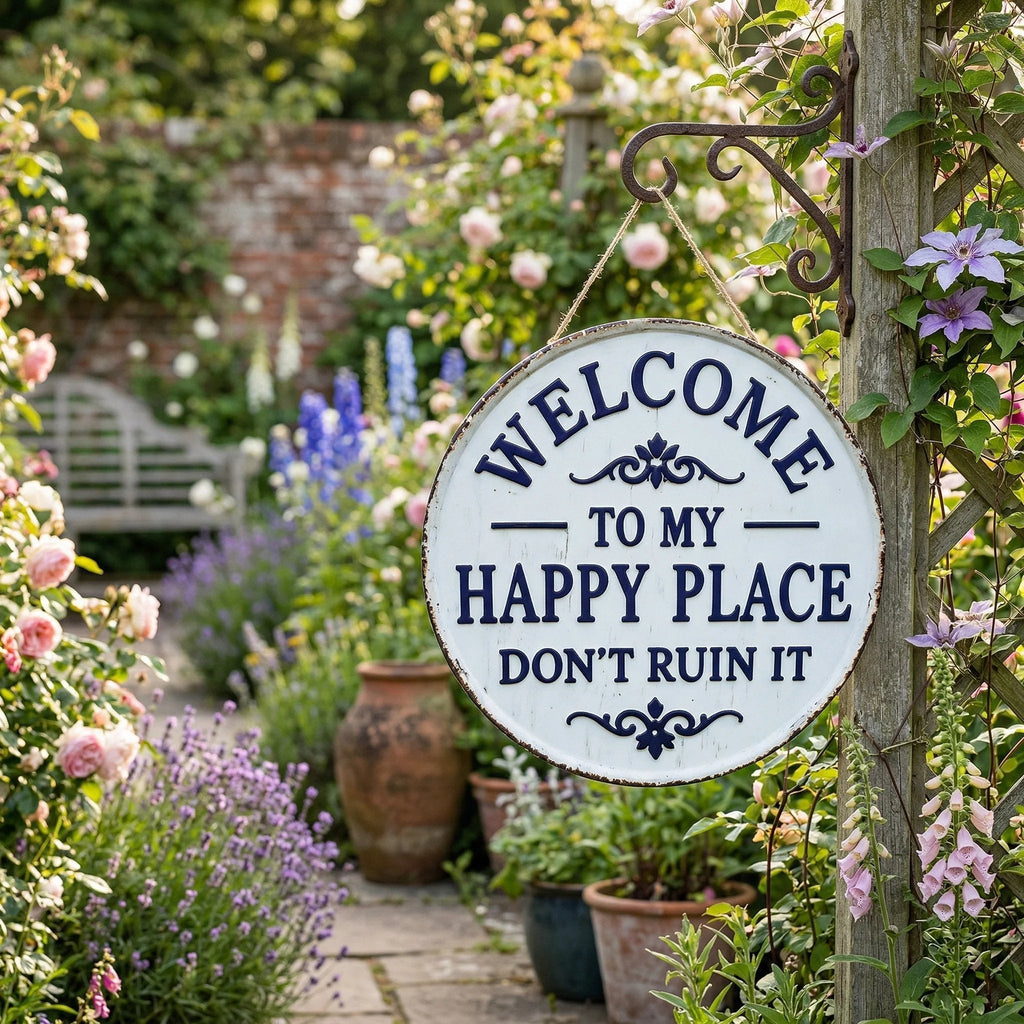 The "Happy Place" Boundary Sign – Funny Vintage Metal Wall Art , "Don’t Ruin It" Garden Decor ✨🏡