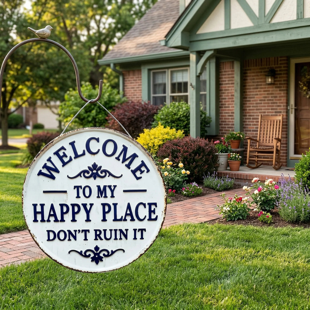 The "Happy Place" Boundary Sign – Funny Vintage Metal Wall Art , "Don’t Ruin It" Garden Decor ✨🏡