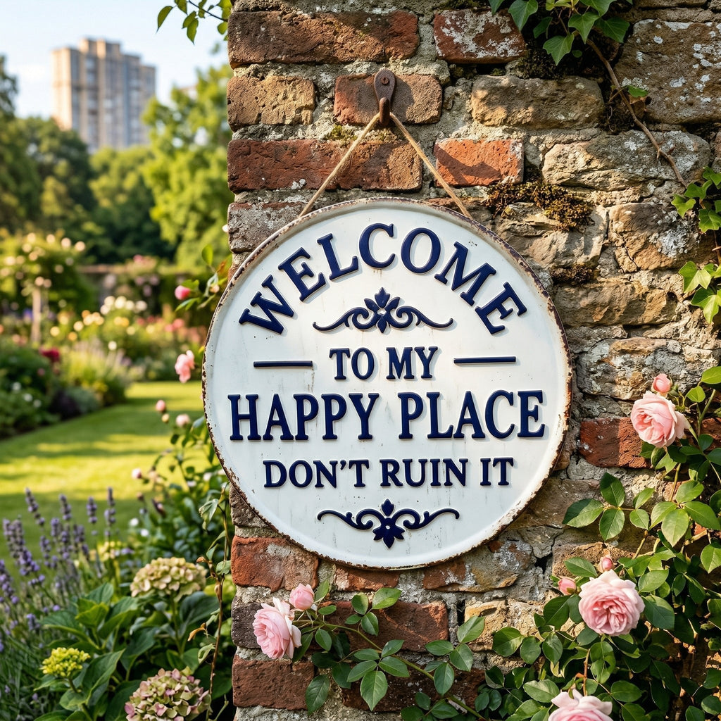 The "Happy Place" Boundary Sign – Funny Vintage Metal Wall Art , "Don’t Ruin It" Garden Decor ✨🏡