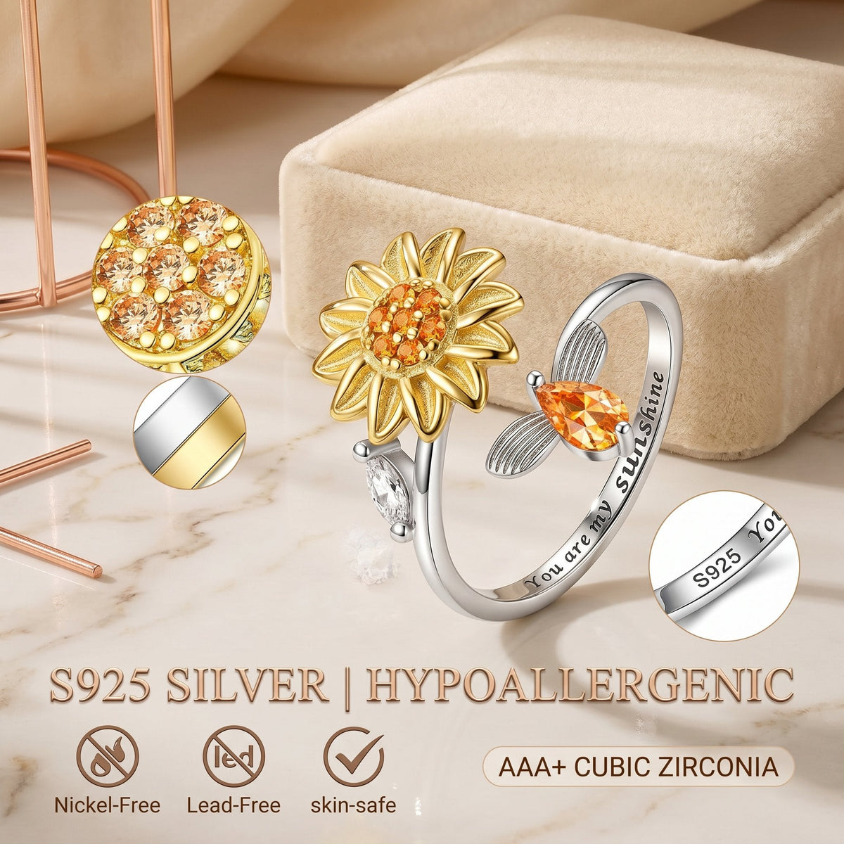 🔥Last Day 49% OFF -🌻 Sunflower Fidget Spinner Ring